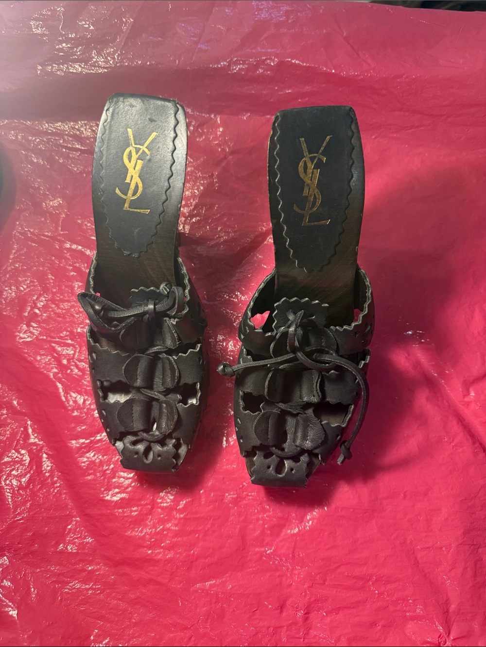 Yves Saint Laurent Black Satin Lace-Up Scalloped Mules
